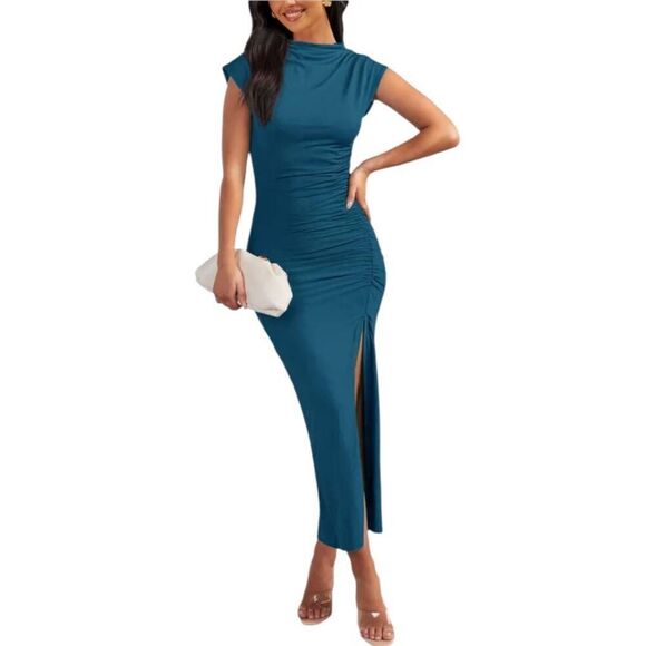 MEROKEEY BODYCON CAP SLEEVE MOCK NECK DRESS GREEN/TEAL SZ.L NWT. - Picture 1 of 11